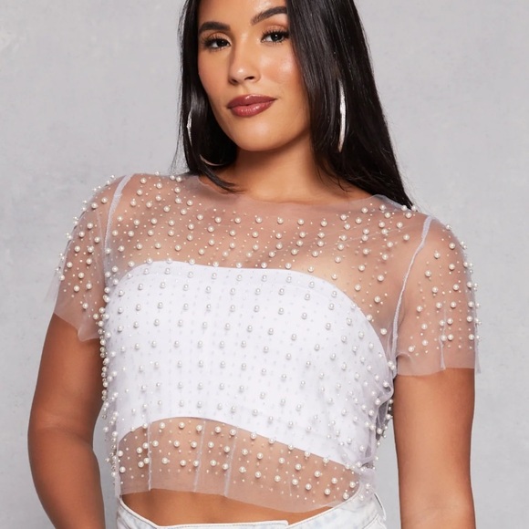 Haute Monde Tops - HAUTE MONDE Mesh Faux Pearl and Rhinestone Crop Top